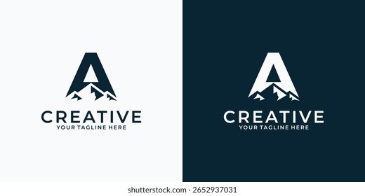 Inspirational logo design featuring the letter A and mountains. Explore Mountain Adventure Symbol Logo Templates.