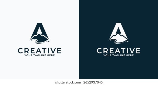 Design de logotipo inspirador com a letra A e montanhas. Explore Mountain Adventure Symbol Logo Templates.