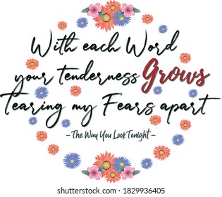 Inspirational Lyrics Romantic quote. "With each word your tenderness grows Tearing my fears apart - The Way You Look Tonight"