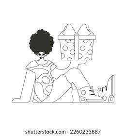 Inspirational man holding a gift in his hands. Linear style character.