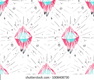 Inspirational mountain seamless pattern for print, fabric, t-shirt, greeting, card. Vintage boho hand drawn nature iceberg peak. Travel outdoors adventure. Motivational meditation ornament. Vector