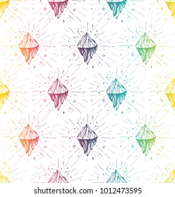 Inspirational mountain seamless pattern for print, fabric, t-shirt, greeting, card. Vintage boho hand drawn nature iceberg peak. Travel outdoors adventure. Motivational meditation ornament. Vector