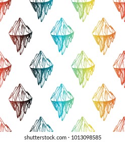Inspirational mountain seamless pattern for print, fabric, t-shirt, greeting, card. Vintage boho hand drawn nature iceberg peak. Travel outdoors adventure. Motivational meditation ornament. Vector
