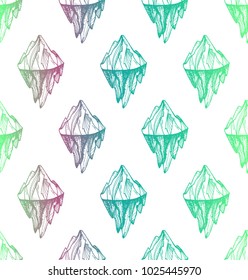 Inspirational mountain seamless pattern for print, fabric, t-shirt, greeting, card. Vintage boho hand drawn nature iceberg peak. Travel outdoors adventure. Motivational meditation ornament. Vector