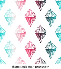 Inspirational mountain seamless pattern for print, fabric, t-shirt, greeting, card. Vintage boho hand drawn nature iceberg peak. Travel outdoors adventure. Motivational meditation ornament. Vector