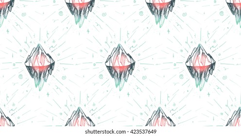 Inspirational mountain seamless pattern for print, fabric, t-shirt, greeting, card.  Vintage boho hand drawn nature iceberg peak. Travel outdoors adventure. Motivational meditation ornament. Vector
