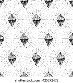 Inspirational mountain seamless pattern for print, fabric, t-shirt, greeting, card.  Vintage boho hand drawn nature iceberg peak. Travel outdoors adventure. Motivational meditation ornament. Vector