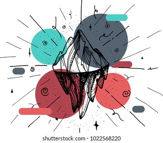 Inspirational mountain for tattoo, print, fabric, t-shirt, greeting, card. Vintage boho hand drawn nature iceberg peak. Travel outdoors adventure sign. Motivational meditation design element. Vector