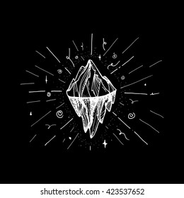 Inspirational mountain for tattoo, print, fabric, t-shirt, greeting, card.  Vintage boho hand drawn nature iceberg peak. Travel outdoors adventure sign. Motivational meditation design element. Vector