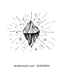 Inspirational mountain for tattoo, print, fabric, t-shirt, greeting, card.  Vintage boho hand drawn nature iceberg peak. Travel outdoors adventure sign. Motivational meditation design element. Vector