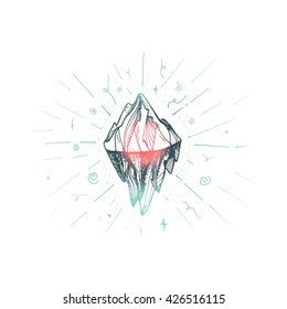 Inspirational mountain for tattoo, print, fabric, t-shirt, greeting, card.  Vintage boho hand drawn nature iceberg peak. Travel outdoors adventure sign. Motivational meditation design element. Vector