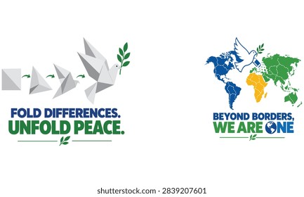 Inspirational peace and global unity vector collection featuring a folded paper design transforming into a dove carrying an olive branch, together with a colorful world map and the message “Beyond Borders, We Are One.” The artwork represents reconciliation, tolerance, cultural diversity, international cooperation, harmony and peaceful coexistence. Ideal for peace campaigns, humanitarian organizations, global unity initiatives, educational materials, social awareness posters, nonprofit communications, editorial illustrations and inspirational graphic design.

#Peace #Origami #GlobalUnity #WorldPeace #BeyondBorders #Humanity #Unity #Dove #OliveBranch #Harmony #Tolerance #PeaceCampaign #Humanitarian #SocialAwareness #InternationalPeace