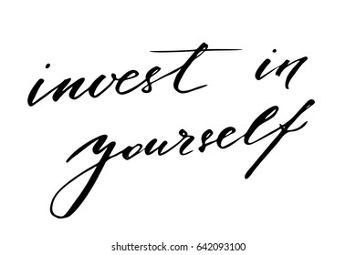 Inspirational phrase lettering text Invest in yourself. Handwritten black text isolated on white background, vector. Each word is on the different layers