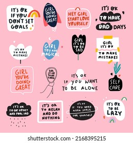 Inspirational phrases. Hand drawn lettering. Vector graphic design on pink background.
