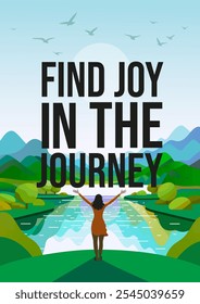 Inspirational Poster: 'Find Joy in the Journey' with Tranquil Nature Landscape and Soaring Birds