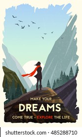 Inspirational poster. Girl standing alone on rock watching sunset in mountains. Vector Illustration