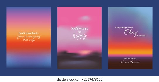 Inspirational posters with colorful gradients and motivational quotes. Vibrant colors and uplifting messages create a positive, motivational atmosphere. Pink positivity quote poster template vectors.