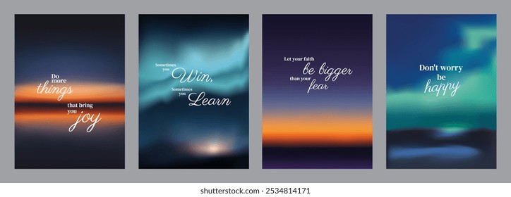 Inspirational posters with motivational quotes. Blurred backgrounds in blue and orange. Uplifting words encourage joy, learning, and happiness. Sunset sky inspirational quote poster template vectors.