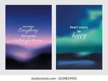 Inspirational posters with motivational quotes. Blurred backgrounds. Quotes inspire positivity and happiness. Motivational and calming design. Sunset sky inspirational quote poster template vectors.