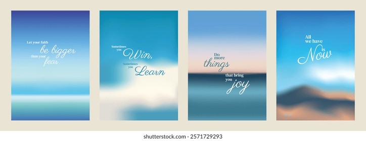 Inspirational posters with motivational quotes. Blurred backgrounds in blue tones. Words like 'fear', 'win', 'learn', 'joy', and 'now' stand out. Motivational quote poster template vectors.