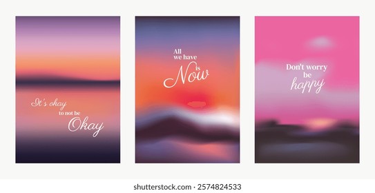 Inspirational posters with motivational quotes. Blurred backgrounds in warm colors. Uplifting messages encourage positivity. Motivational, inspiring. Pink sky positivity quote poster template vectors.