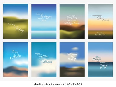 Inspirational posters with motivational quotes. Each poster features a unique background with quotes about fear, happiness, joy. Motivational and uplifting. Motivational quote poster template vectors.