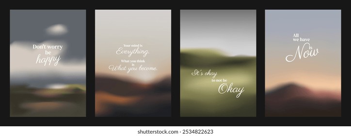 Inspirational posters with motivational quotes. Each poster features a blurred landscape background. Motivational quotes inspire positivity. Aesthetic inspirational quote poster template vectors.