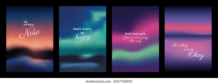 Inspirational posters with motivational quotes. Each poster features a colorful gradient background with uplifting messages in elegant fonts. Sunset sky inspirational quote poster template vectors.