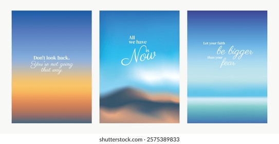 Inspirational posters with motivational quotes. Each poster features a serene landscape. Motivational quotes, positivity and focus on the present moment. Motivational quote poster template vectors.