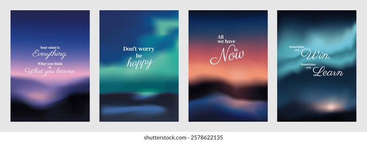 Inspirational posters with motivational quotes. Each poster features a blurred landscape background with uplifting messages in elegant fonts. Sunset sky inspirational quote poster template vectors.