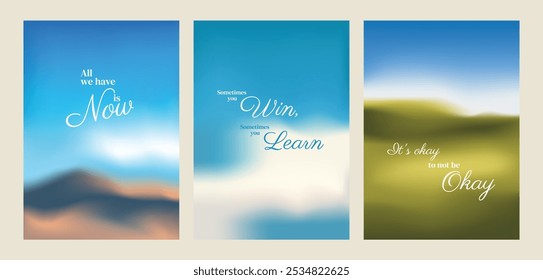 Inspirational posters with motivational quotes. Encouraging words like 'Now', 'Win', 'Learn', 'Okay' on blurred background. Uplifting and positive messages. Motivational quote poster template vectors.