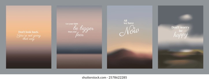 Inspirational posters with motivational quotes. Encouraging words like 'faith,' 'now,' and 'happy' emphasize positivity and motivation. Aesthetic inspirational quote poster template vectors.