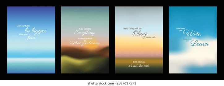 Inspirational posters with motivational quotes. Encouraging words about faith, mind, and success. Uplifting, positive, and hopeful messages. Motivational quote poster template vectors.