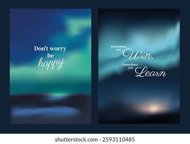 Inspirational posters with motivational quotes. Encouraging words like 'Don't worry, be happy' and 'Win, Learn' on a serene, abstract background. Sunset sky inspirational quote poster template vectors