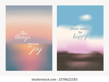 Inspirational posters with motivational quotes. Joyful and happy messages. Uplifting quotes on blurred backgrounds. Motivational and joyful designs. Pastel inspirational quote poster template vectors.