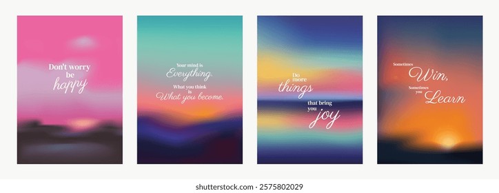 Inspirational posters with motivational quotes. Motivational quotes, inspirational messages. Bright backgrounds, uplifting quotes, motivational text. Pink sky positivity quote poster template vectors.