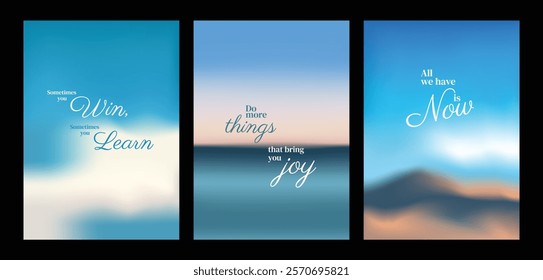 Inspirational posters with motivational quotes on blurred backgrounds. Uplifting words of joy, learning, living in the now. Motivational and inspiring. Motivational quote poster template vectors.