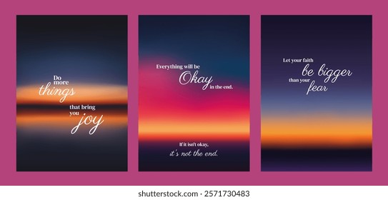 Inspirational posters with motivational quotes on colorful backgrounds. Uplifting messages encourage positivity. Vibrant and motivational design. Sunset sky inspirational quote poster template vectors