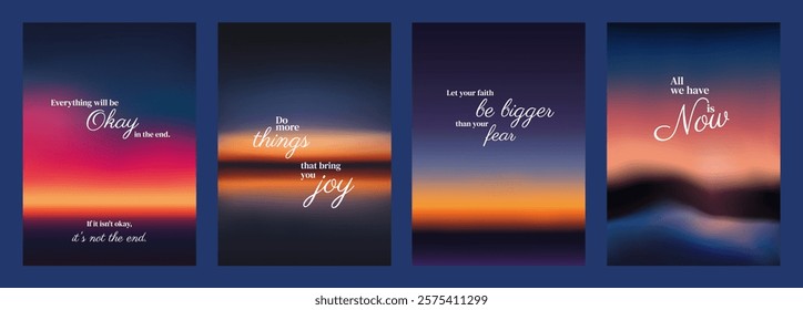 Inspirational posters with motivational quotes on backgrounds. Uplifting words, sunset hues, and motivational quotes inspire positivity and joy. Sunset sky inspirational quote poster template vectors.