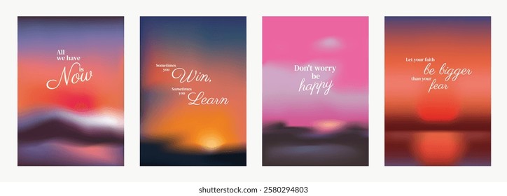 Inspirational posters with motivational quotes on blurred sunset backgrounds. Positive messages about winning, learning, happiness, and faith. Pink sky positivity quote poster template vectors.