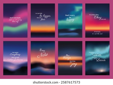 Inspirational posters with motivational quotes on backgrounds. Themes of happiness, joy, and positivity. Encouraging and uplifting messages. Sunset sky inspirational quote poster template vectors.