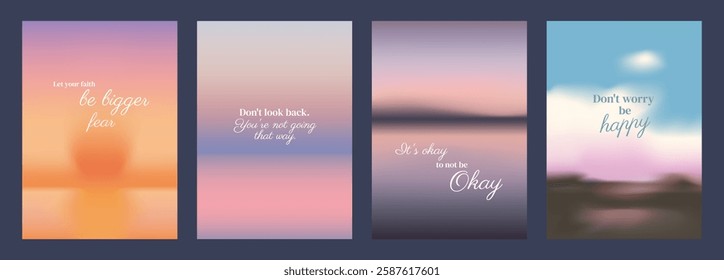 Inspirational posters with motivational quotes on blurred backgrounds. Encouraging messages about moving forward. Uplifting and positive designs. Pastel inspirational quote poster template vectors.