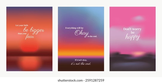 Inspirational posters with motivational quotes on colorful backgrounds. Motivational quotes, positivity. Colorful backgrounds enhance the message. Pink sky positivity quote poster template vectors.