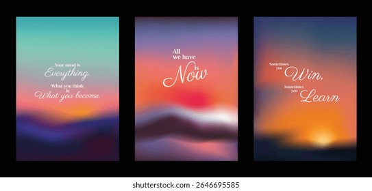 Inspirational posters with motivational quotes on colorful, blurred backgrounds. Uplifting messages encourage positivity, personal growth. Motivational art. Pink sky positivity quote poster template.