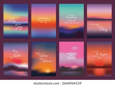 Inspirational posters with motivational quotes on colorful backgrounds. Uplifting messages in designs. Motivational, colorful, inspirational quotes. Pink sky positivity quote poster template vectors.