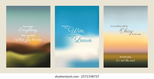 Inspirational posters with motivational quotes. Positive affirmations on blurred backgrounds. Uplifting words to motivate. Calm and encouraging designs. Motivational quote poster template vectors.