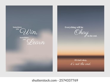 Inspirational posters with motivational quotes. Soft gradient backgrounds. Uplifting messages about winning, learning.. Positive vibes. Aesthetic inspirational quote poster template vectors.