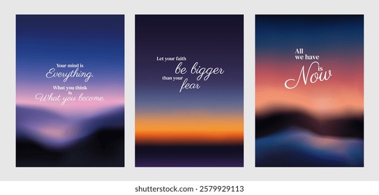 Inspirational posters with motivational quotes. Uplifting, positive messages. Encouraging words, inspiring thoughts, motivational vibes. Sunset sky inspirational quote poster template vectors.