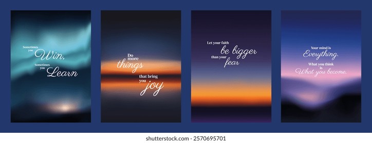 Inspirational posters with motivational quotes. Vibrant backgrounds with quotes about joy, and growth. Perfect for motivation and inspiration. Sunset sky inspirational quote poster template vectors.