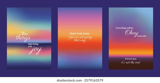 Inspirational posters with motivational quotes. Vibrant gradient backgrounds. Encouraging words in elegant fonts. Motivational, inspirational. Pink sky positivity quote poster template vectors.